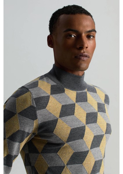 Merino Yünü Baklava Desen Lupetto Yaka Orta Gri Triko modelleri