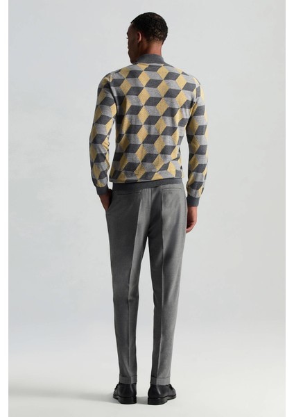 Merino Yünü Baklava Desen Lupetto Yaka Orta Gri Triko fırsatları