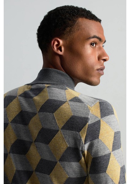 Merino Yünü Baklava Desen Lupetto Yaka Orta Gri Triko indirimleri