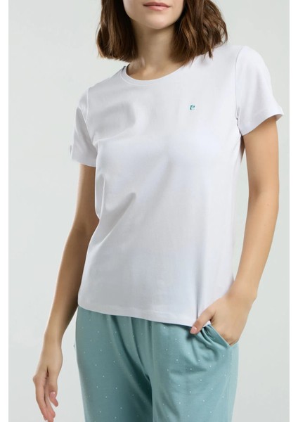 Viskon Süprem & Likralı, Bisiklet Yaka, Kısa Kol, Cepli, Kadın Pijama Takımı Beyaz