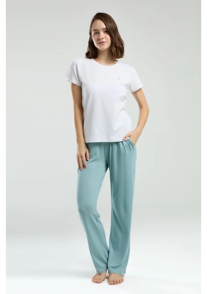 Viskon Süprem & Likralı, Bisiklet Yaka, Kısa Kol, Cepli, Kadın Pijama Takımı Beyaz modelleri