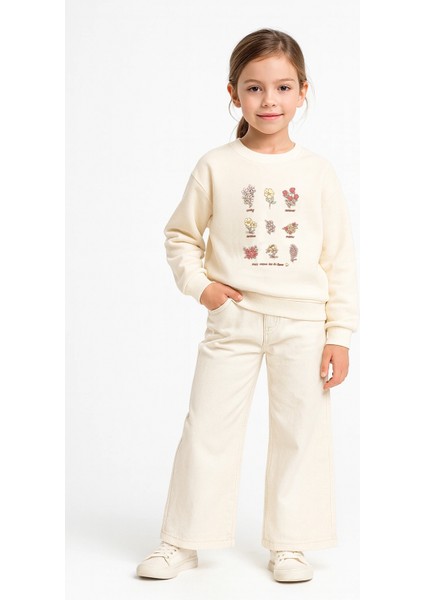 Kız Çocuk Sweatshirt Ekru Uzun Kollu Çiçek Desenli Çocuk Sweat