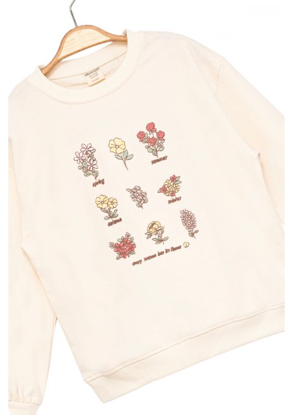 Kız Çocuk Sweatshirt Ekru Uzun Kollu Çiçek Desenli Çocuk Sweat fırsatları