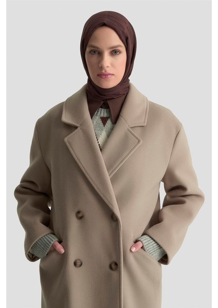 Kruvaze Yaka Kaşe Kaban 25KD1122 Vizon fırsatları