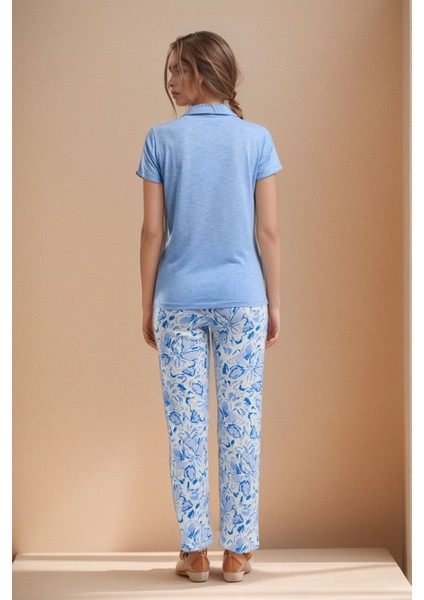 Kadın Giyim Açık Mavi Kısa Kollu Düğme Yaka Üst & Alt Ikili Pijama Takımı LL.AR01.NE00.TT04 fırsatları