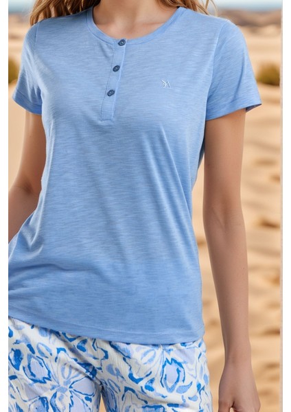 Kadın Giyim Açık Mavi Kısa Kollu Düğme Yaka Üst & Alt Ikili Pijama Takımı LL.AR01.NE00.TT04 indirimleri