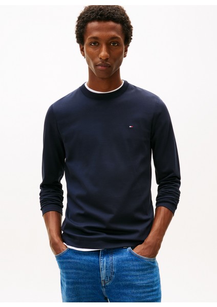 Bisiklet Yaka Mavi Erkek T-Shirt MW0MW27908DW5_LUXURY Interlock Ls T modelleri