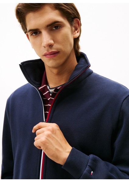 Dik Yaka Mavi Erkek Sweatshırt MW0MW40481DW5_GLOBAL Strıpe Zıp Thr modelleri