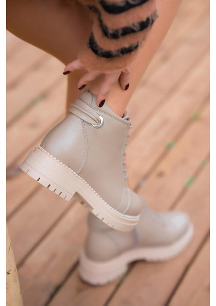 Drop Fermuarlı Kadın Hakiki Deri Bot Vizon