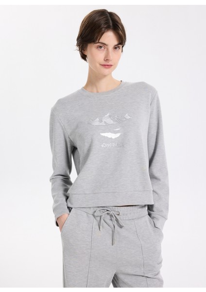 D5WL-SWT3615 Gri Melanj Bisiklet Yaka Relaxed Baskılı Kadın Sweatshırt