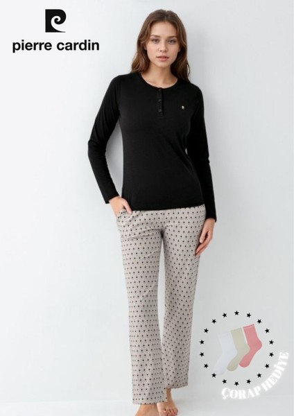 Kadın Giyim Düğme Detaylı Modal & Pamuk Uzun Kol 2'li Siyah Pijama Takımı L1.PC.9102.001