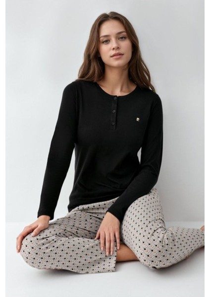 Kadın Giyim Düğme Detaylı Modal & Pamuk Uzun Kol 2'li Siyah Pijama Takımı L1.PC.9102.001 fiyatları