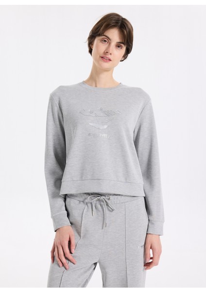 D5WL-SWT3615 Gri Melanj Bisiklet Yaka Relaxed Baskılı Kadın Sweatshırt modelleri