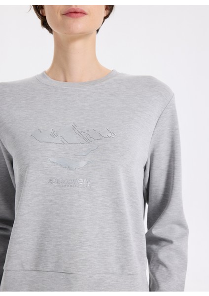 D5WL-SWT3615 Gri Melanj Bisiklet Yaka Relaxed Baskılı Kadın Sweatshırt fırsatları