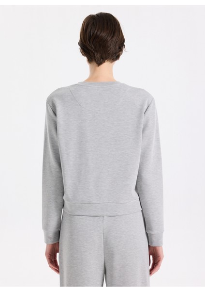 D5WL-SWT3615 Gri Melanj Bisiklet Yaka Relaxed Baskılı Kadın Sweatshırt indirimleri