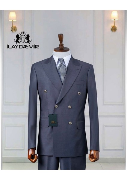 Kruvaze, Kırlangıç Yaka, Çift Cep, Slim Fit, Erkek Takım Elbise, Duman Gri