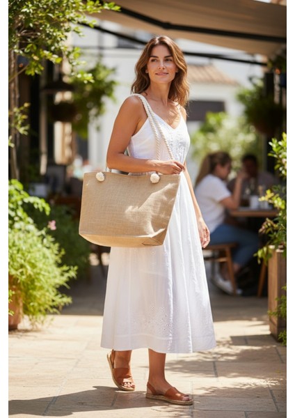 Kahverengi Hasır Yuvarlak Ip Askılı Plaj Çantası