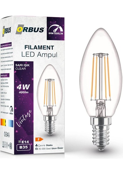 3 Adet Orbus Dim Edilir LED Filament Ampul B35 4 Watt 400LM E14 Sarı Işık fiyatları