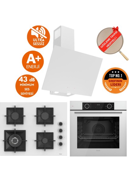 Fryart&flowart Mio Sessiz Davlumbaz Beyaz Ankastre Set ( D064-SA + SC406-WFA Wok + XE63CB )