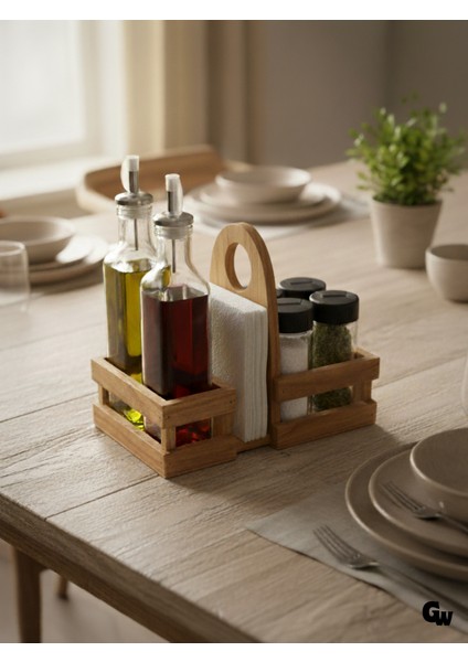 Ahşap Doğal Baharatlık Yağdanlık ve Peçetelik Takımı(Kısa Başlık)(Set)(Kiraz)