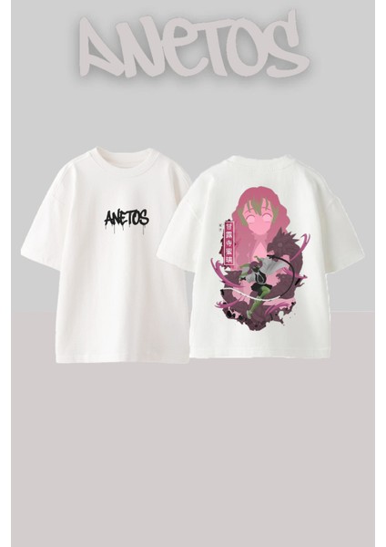 Kanroji Mitsuri Tasarım Sırt Baskılı Pamuk Beyaz Oversize T-Shirt