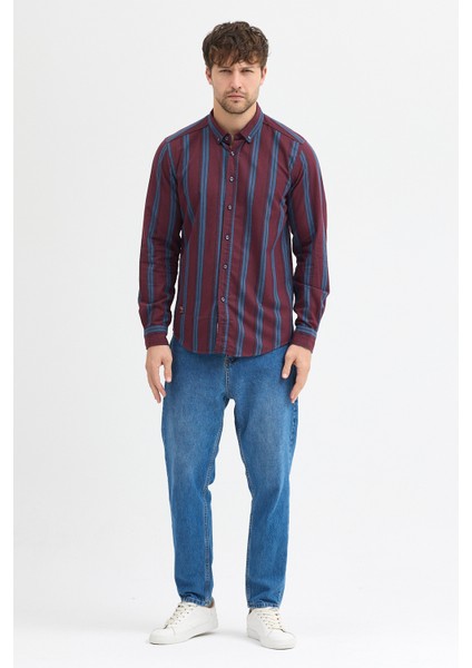 Melanj Çizgili Regular Fit Uzun Kollu Erkek Gömlek Düğmeli Yaka