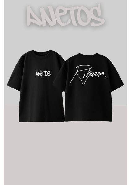 Rihanna 5 Tasarım Sırt Baskılı Pamuk Siyah Oversize T-Shirt
