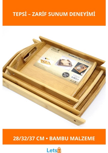 3'lü Doğal Bambu Tepsi Seti 28CM 32CM 37CM