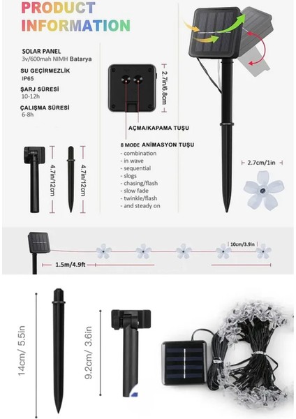 Güneş Enerjili Papatya Çiçek Solar LED Işık 7 Metre Dekoratif Rgb Yılbaşı Bahçe Balkon Ağaç ve Teras indirimleri