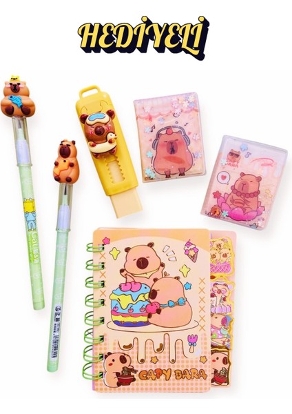 Capybara Kapibara Set Not Defteri 2'li Yumurtlayan Kalem Sürgülü Silgi 2'li Mini Sticker Defter Seti