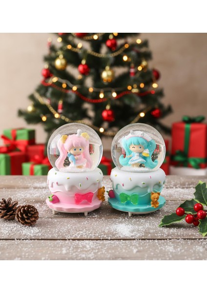 Büyük Boy Işıklı Müzikli Kız Figürlü Pasta Kar Küresi