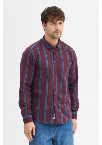 Melanj Çizgili Regular Fit Uzun Kollu Erkek Gömlek Düğmeli Yaka fiyatları