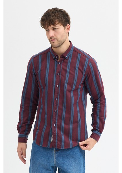 Melanj Çizgili Regular Fit Uzun Kollu Erkek Gömlek Düğmeli Yaka modelleri