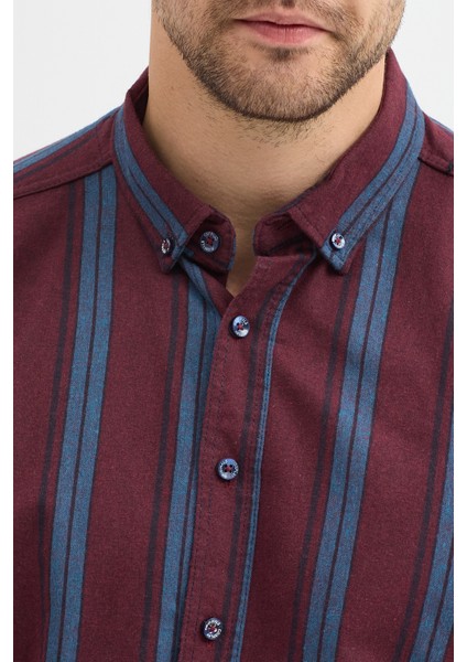 Melanj Çizgili Regular Fit Uzun Kollu Erkek Gömlek Düğmeli Yaka fırsatları