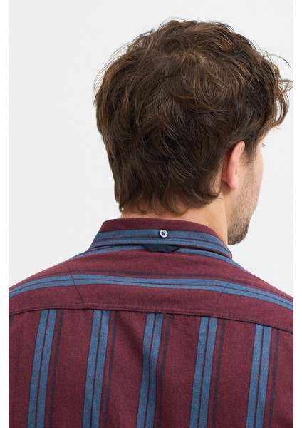 Melanj Çizgili Regular Fit Uzun Kollu Erkek Gömlek Düğmeli Yaka