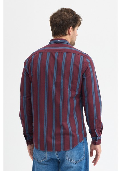 Melanj Çizgili Regular Fit Uzun Kollu Erkek Gömlek Düğmeli Yaka