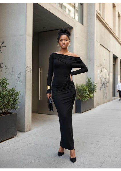 Kadın Tek Omuz Drapeli Uzun Siyah Elbise – FW25