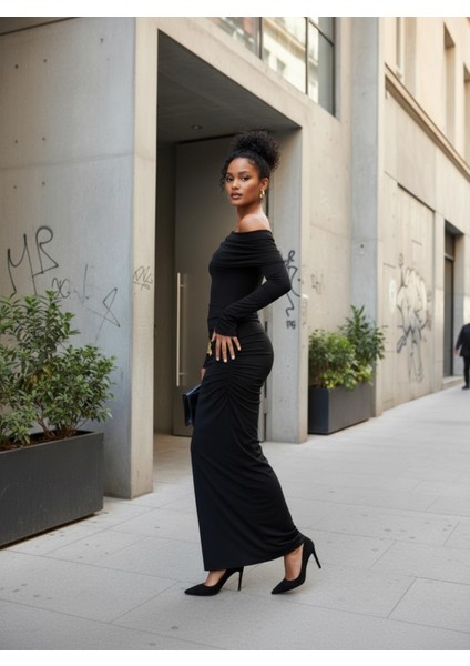 Kadın Tek Omuz Drapeli Uzun Siyah Elbise – FW25 fiyatları