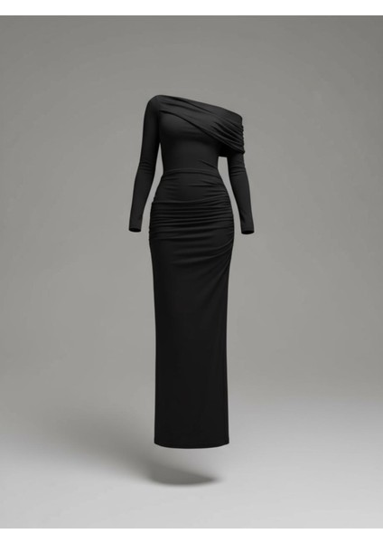 Kadın Tek Omuz Drapeli Uzun Siyah Elbise – FW25 indirimleri