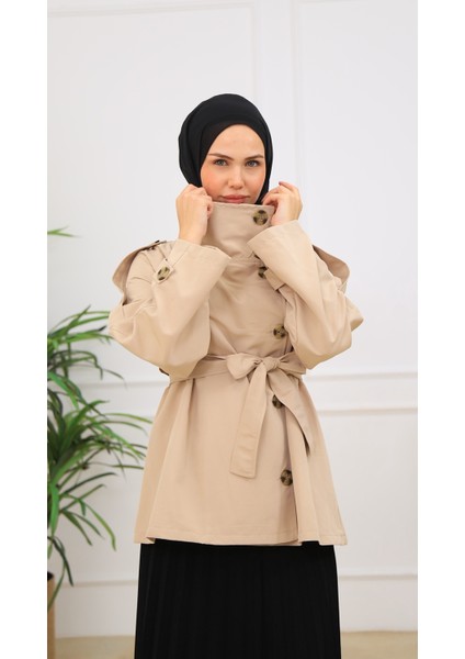 Kadın Kısa Trençkot Biker Tarz