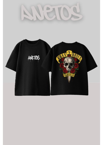 Guns N' Roses 11 Tasarım Sırt Baskılı Pamuk Siyah Oversize T-Shirt