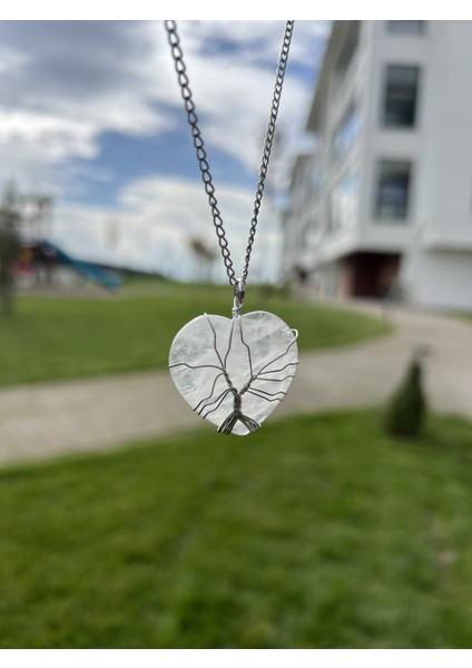 Kristal Kuvars Telli Büyük Kalp Doğal Taş Kolye TKY0373