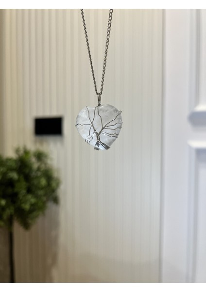 Kristal Kuvars Telli Büyük Kalp Doğal Taş Kolye TKY0373 fiyatları