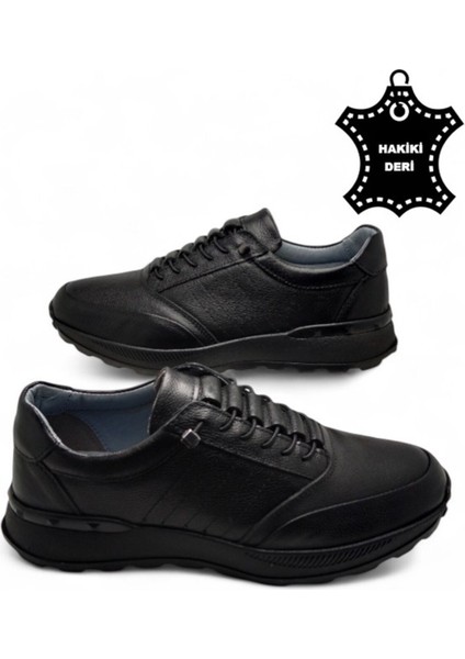 Erkek Iç Dış Hakiki Deri Ultra Rahat Ortopedik Tabanlı Hafif Mevsimlik Siyah Günlük Spor Ayakkabı