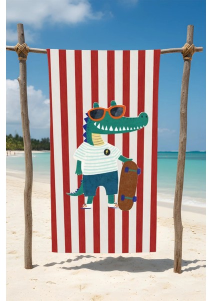 Çocuk Çizgili Timsah Desenli Pamuk Plaj Havlusu – Desenli Tasarım – 75X150 cm