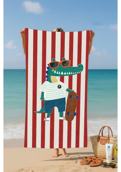 Çocuk Çizgili Timsah Desenli Pamuk Plaj Havlusu – Desenli Tasarım – 75X150 cm fiyatları