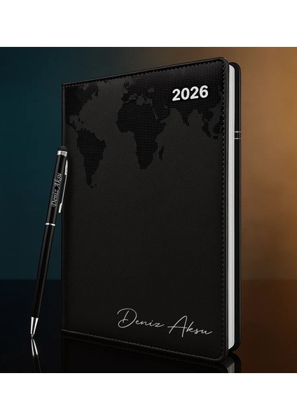 Kişiye Özel Isimli Termo Sert Kapak 2026 Siyah Ajanda & Kalem -15, Öğretmenler Günü Hediyesi, Yeni Iş Hediyesi