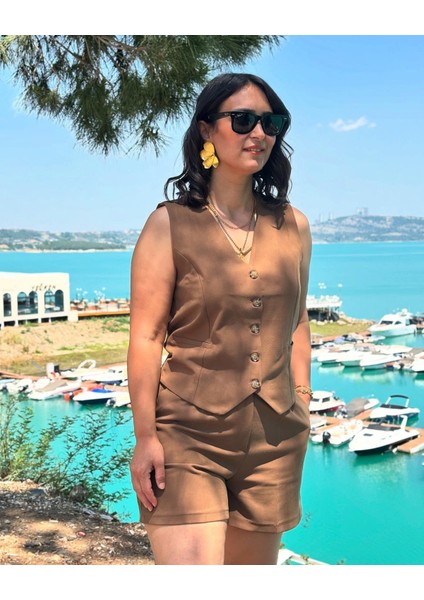 Kahve Haki Şort Yelek Takım