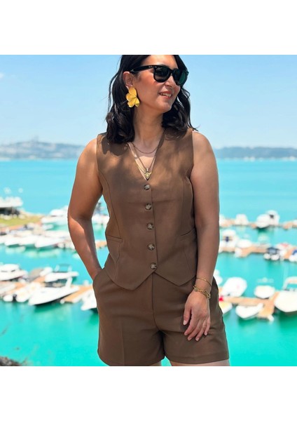Kahve Haki Şort Yelek Takım modelleri