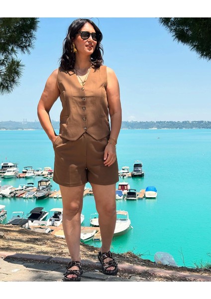 Kahve Haki Şort Yelek Takım